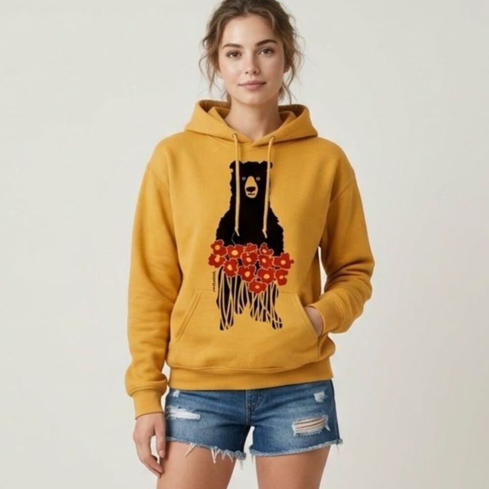 Marushka Hand Printed Bear Poppy Mustard  Art-to-wear Hoodie Sweatshirt SZ M